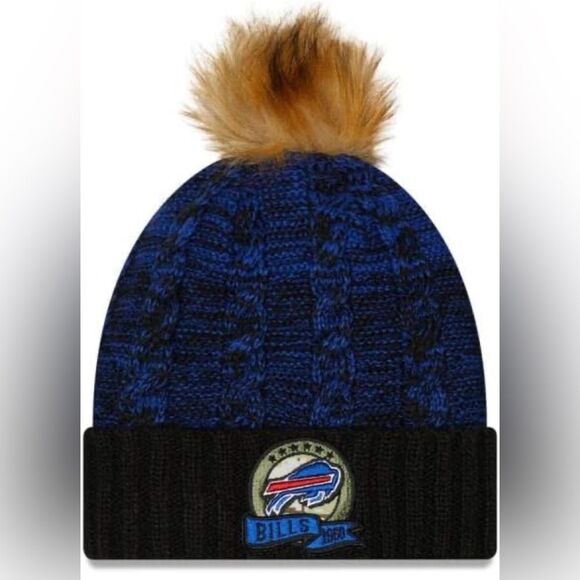 NFL OS Women’s Black Blue Buffalo Bills Cable Knit Cuffed Fleece Pom Pom Hat main image 10
